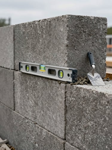 Close-up of a stone retaining wall under construction, courses of block being set with a level resting on the top course, mortar trowel nearby, overcast daylight showing true grey-brown block texture, no people visible