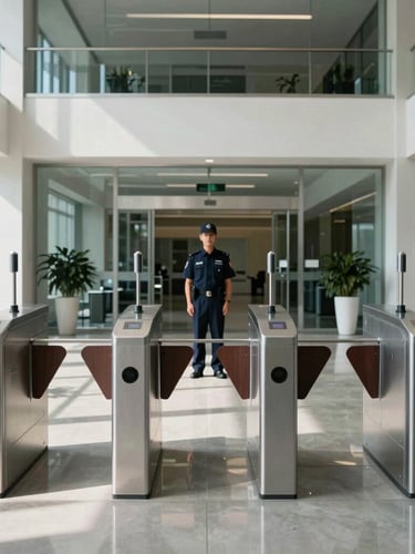 Symmetrical architectural view of a pristine corporate lobby with high-contrast daylight, clean polished concrete floor with sharp reflections, modern access control turnstiles in the foreground, professional security guard in clean dark uniform standing at attention, crisp lighting.