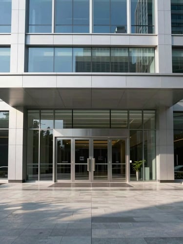 Symmetrical architectural shot of a modern corporate building entrance, clean glass facade, polished concrete floor reflecting bright daylight, high contrast.