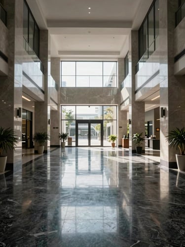 Symmetrical architectural shot of a pristine modern commercial lobby with high-contrast daylight, polished dark granite floors reflecting clean lines, professional atmosphere.