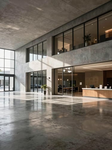Pristine commercial building lobby with high-contrast architectural lighting, polished concrete floors reflecting daylight, minimalist design.