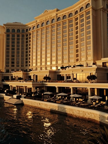 Wide cinematic architectural shot of a luxury Monaco hotel terrace at golden hour, soft light reflecting on water, deep shadows, rich gold tones