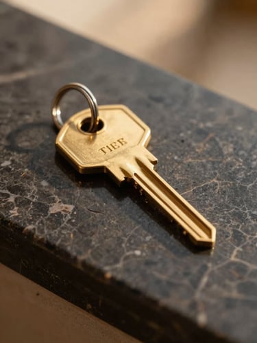 Macro close-up of a luxury hotel golden key on a dark marble counter, soft golden-hour Riviera light, rich gold and dark tones