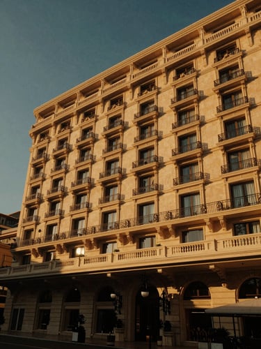 A wide-angle cinematic shot of a luxury hotel facade in Monaco at golden hour, warm ambient light, deep shadows, rich gold tones, 35mm lens.