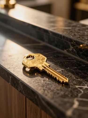 Macro close-up of a golden room key on a dark marble reception desk, soft golden-hour light, reflections, elegant luxury atmosphere