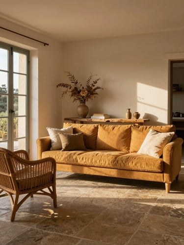 Environmental wide shot of a Mediterranean-inflected Breton living room at golden hour, rattan armchair to the left, a low ochre-toned sofa centered, linen cushions and a dried botanical arrangement on a weathered oak console, warm light pooling across stone floor tiles
