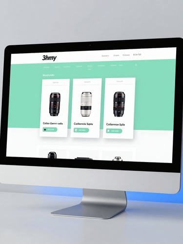 Sharp straight-on mockup of a modern Shopify storefront displayed on a high-end desktop monitor, clean workspace, soft tech-blue ambient glow, bright studio lighting, cool gray tones, sharp focus, 35mm lens