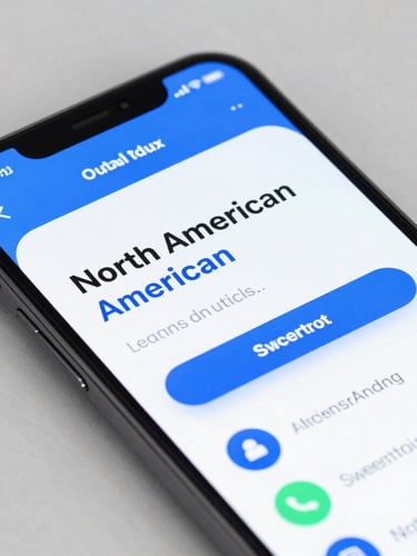 Close-up macro shot of a sleek smartphone screen displaying a localized North American ad creative, vibrant tech-blue accents, bright studio lighting, cool gray background