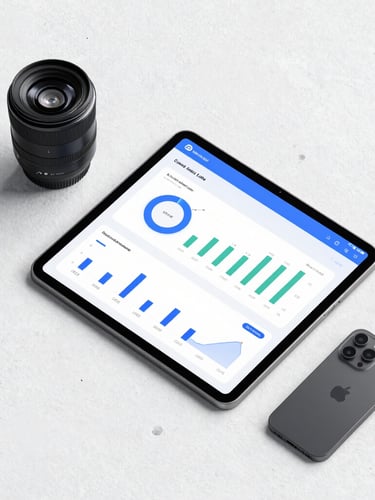 Clean flat-lay of modern tech devices on a white concrete surface, a tablet displaying e-commerce sales charts, subtle blue shadows, professional B2B aesthetic