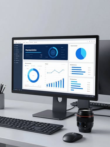 Clean tech workspace in Arizona, modern monitor displaying marketing analytics dashboards, soft tech-blue ambient glow, sharp focus, 35mm lens