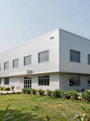 Sharp architectural exterior of the modern FARMCARES manufacturing facility in Ankleshwar, Gujarat, clean industrial lines, bright daylight, soft green landscaping