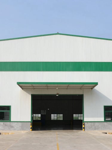 industrial warehouse building with white metal siding and green accents under a clear blue sky.