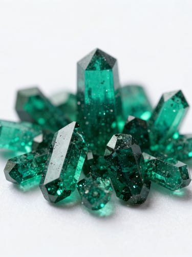 Macro photograph of high-purity emerald green chelated copper crystals under bright clinical laboratory lighting, white background, ultra-sharp focus.