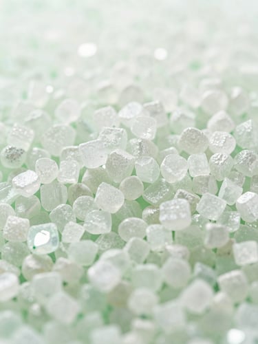 Macro photograph of highly pure, white crystalline fertilizer granules reflecting clinical studio light, sharp focus, technical agricultural aesthetic.