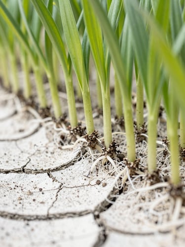 Macro shot of dry, cracked saline soil transitioning into lush green sprout roots under bright daylight, showing scientific soil restoration.