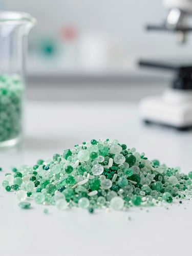 Close-up of high-solubility crystalline fertilizers in a clean laboratory environment, modern glass beaker, clinical white lighting, sharp focus