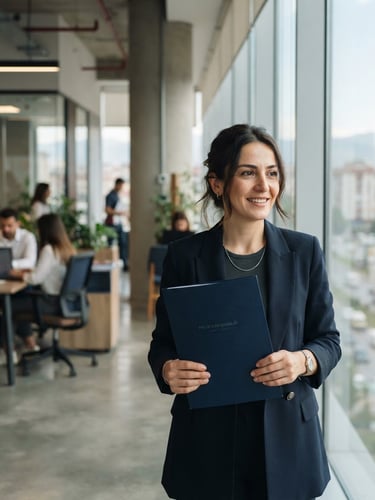 A bright professional modern office in Aksaray with a consultant holding a folder, soft natural daylight, deep navy tones, shallow depth of field, 35mm lens