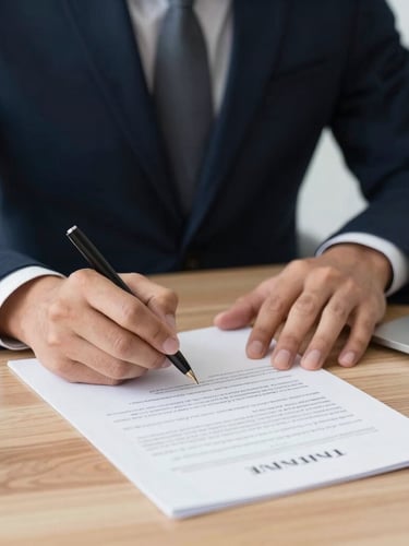 Close-up of professional business hands signing a legal document on a clean wooden desk, soft office lighting, shallow depth of field
