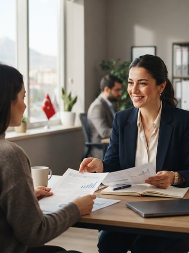 A bright, professional office environment in Aksaray, a consultant sitting at a desk with a warm, reassuring expression, documents in hand, soft natural daylight, 35mm lens.