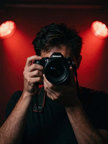Low-key high-contrast portrait of a photographer with a camera, dramatic red stage lights from behind, deep shadows, 35mm film grain.