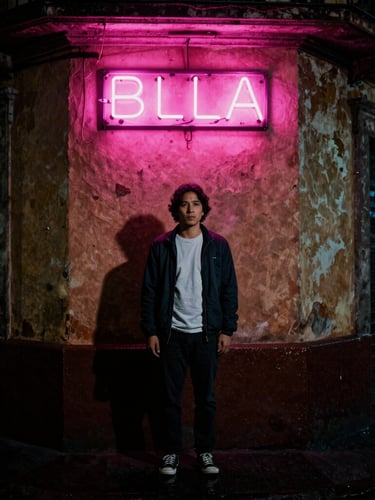 Candid portrait of a person standing under a glowing pink neon sign on a rainy Mexico City street corner, dramatic shadows, high contrast, gritty texture.