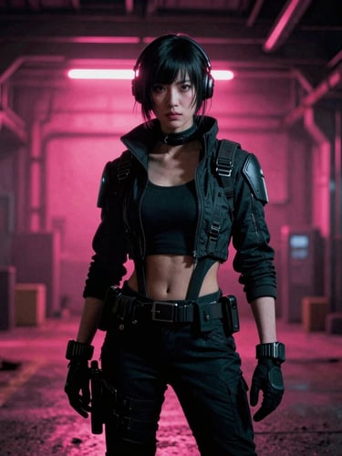 Portrait of a cyberpunk warrior in a gritty industrial warehouse, dramatic neon pink backlighting, deep shadows, rich saturated colors, 35mm film grain, vertical framing