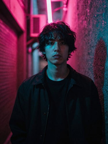 Low-key high-contrast portrait of a person in a cyberpunk neon-drenched alley, dramatic pink and cyan backlighting, deep shadows, 35mm film grain