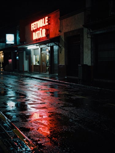 High-contrast night street photography in Mexico City, neon signs reflecting on wet asphalt, deep shadows, cinematic atmosphere, 35mm film grain.
