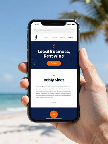 Crisp editorial photo of a modern smartphone in hand displaying a lightning-fast local business website, bright Florida daylight, clean navy and orange accents, 35mm focus