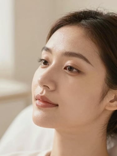 Warm editorial photography, close-up of a woman with radiant, healthy skin, soft morning daylight, muted sand tones, shallow depth of field, 35mm