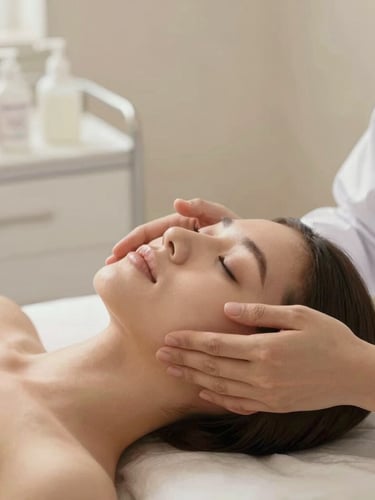 Warm editorial photography, hands of a doctor applying a gentle facial treatment to a patient, soft morning daylight, clean medical spa interior, muted sand tones, shallow depth of field, 35mm