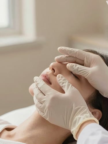 Warm editorial photography, close-up of a doctor's hands with soft medical gloves gently touching a patient's clean cheek, soft morning daylight, muted sand tones, shallow depth of field, 35mm