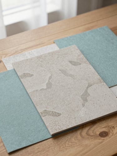 Overhead flat-lay of textured linen paper stocks and warm stone gray design mockups on a light oak table, soft morning window light, 35mm photography