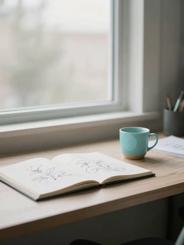 A quiet, minimalist design studio workspace in West Jordan, Utah. Soft daylight filters through a large window onto a clean desk with sketchbooks, a ceramic cup, and subtle cerulean accents, 35mm