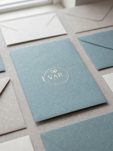 Overhead flat-lay of bespoke brand identity collateral on textured paper, soft natural daylight, muted cerulean tones, elegant editorial photography, 35mm