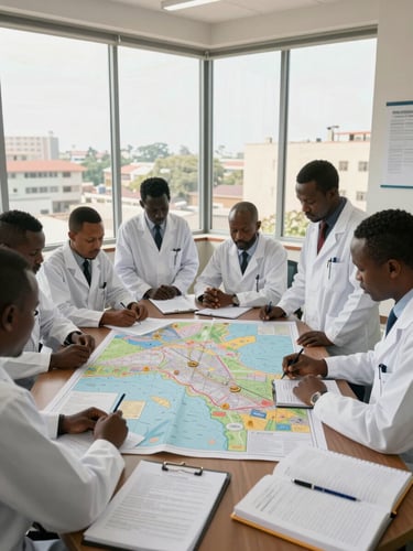 Wide medium shot of a research team gathered around a large printed map on a table in a government planning office, natural daylight from tall windows, documents and notebooks spread across the surface, West African urban context visible through glass