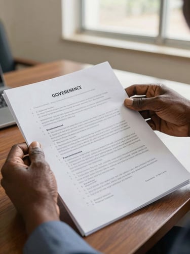 Close-up of hands reviewing printed governance policy documents on a wooden desk in a Sierra Leonean ministry office, natural window light, handwritten annotations visible in the margins