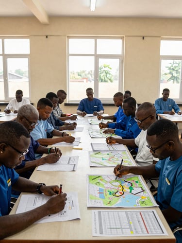 Wide shot of a research workshop in a government office in West Africa, participants reviewing printed maps and data tables spread across a long table, natural daylight through tall windows, medium environmental framing showing the full room and participants at work