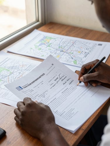 Close-up of printed field research worksheets and hand-annotated maps spread across a wooden table in a Freetown office, a researcher's hands visible sorting documents, warm natural daylight from a side window, documentary framing