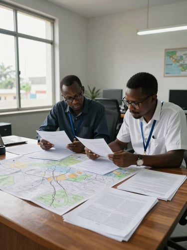 Wide medium shot of two researchers seated at a large wooden desk reviewing printed documents and field notes, natural daylight flooding from a tall window to the left, papers and annotated maps spread across the surface, Freetown office environment visible in background