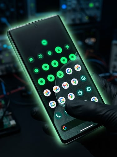 Macro close-up of an Android phone screen displaying a smooth UI transition, with a subtle terminal-green glow from the edges, in a dark, moody lab setting.