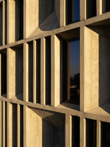Tight abstract architectural detail of a modern concrete building facade, crisp morning sunlight casting sharp geometric shadows, warm gold undertones.