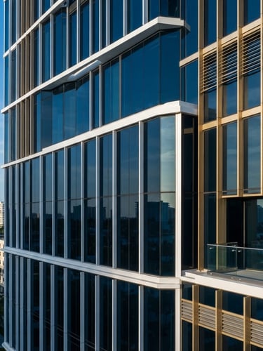Architectural detail of a modern, well-maintained commercial building facade in West Palm Beach, crisp morning sunlight, clean geometric lines, tilt-shift lens, deep blue tones