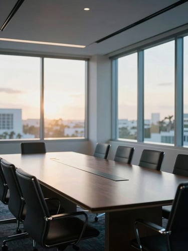 An empty high-end corporate boardroom in West Palm Beach, large clean windows with soft morning light, minimalist design, professional atmosphere.