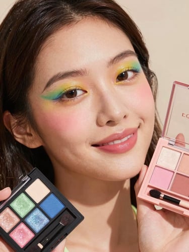 Primer plano de una mujer sonriente con maquillaje colorido y fresco, sosteniendo una paleta de sombras de ojos brillante, luz natural cálida