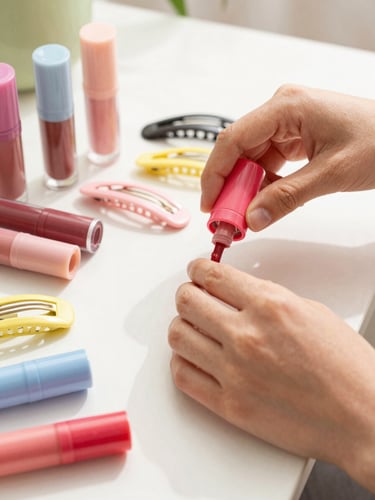 Close-up of friendly hands arranging colorful liquid lipsticks and pastel hair clips on a bright white counter, warm natural sunlight, shallow depth of field