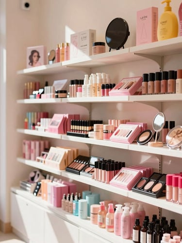 Bright cheerful store interior of a local beauty boutique in León, shelves filled with colorful cosmetics and hair accessories, warm sunny highlights