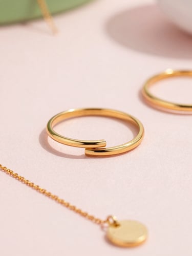 Close-up of elegant gold-plated rings and minimalist necklaces on a soft pastel background, warm natural sunlight, shallow depth of field