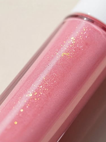 Close-up of vibrant pink lip gloss texture with golden sparkles, bright warm daylight, shallow depth of field
