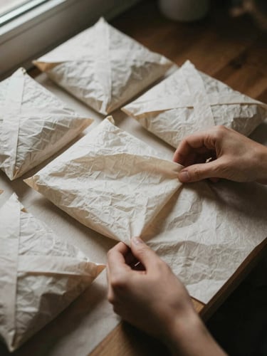 Overhead flat-lay of hands carefully wrapping artisanal goods in textured tissue paper, deep moody shadows, soft natural window light, 35mm